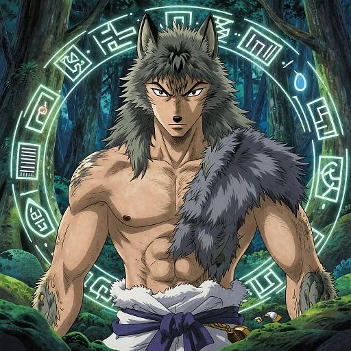 Muscular anthropomorphic wolf with grey fur, blue glowing runes, and a white loincloth stands in a dark forest, anime-style digital art.