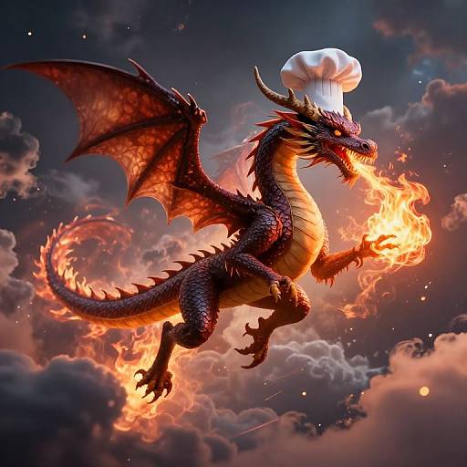 Digital art of a fiery red and black dragon mid-flight, wearing a white chef hat, with flames emerging from its mouth and tail, against a dramatic