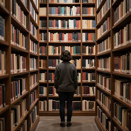 Photograph of a person with dark hair, wearing a grey jacket and black pants, standing in the center of a wooden bookshelf-filled library, facing