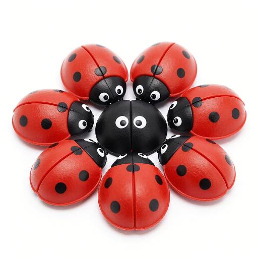 Photograph of a toy ladybug flower with six red, black-spotted ladybug segments and a central black ladybug with white eyes.