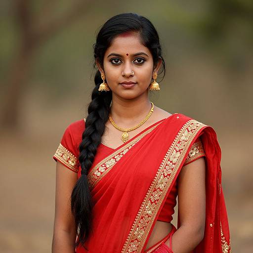 Photograph of a beautiful Indian woman with dark skin, long black braid, wearing a red saree with gold trim, gold jewelry, and traditional