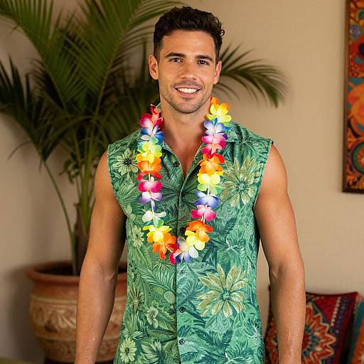 Photograph of a smiling, muscular man with short dark hair, wearing a green tropical shirt and colorful lei, standing in a room with potted palm