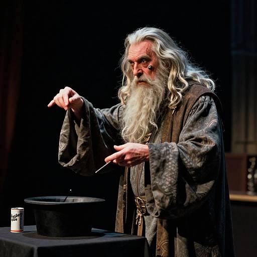 Photograph of an elderly white man with long white hair and beard, wearing a dark, textured robe, pointing at a black top hat on a table