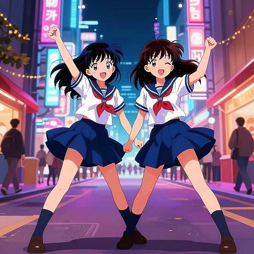 Anime-style illustration of two cheerful schoolgirls in navy uniforms, holding hands and raising arms, standing on a neon-lit, bustling city street at night