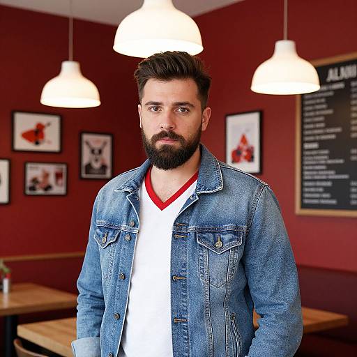 Photograph of a bearded man with dark hair, wearing a blue denim jacket over a white V-neck shirt, standing in a red-walled café