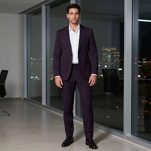 Photograph of a handsome, dark-haired man in a black suit, white shirt, standing confidently in a modern, glass-walled office at night.