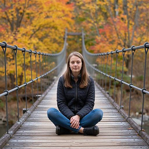 Photograph of a young woman with straight brown hair, black jacket, and blue jeans, sitting cross-legged on a wooden suspension bridge with vibrant autumn foliage