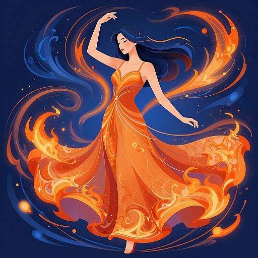Digital illustration of a slender, dark-haired woman in a flowing, fiery orange dress, dancing against a deep blue, swirling cosmic background.