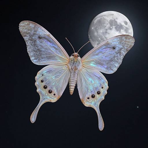 Photograph of a translucent blue and white butterfly with black spots, against a black background with a bright full moon.