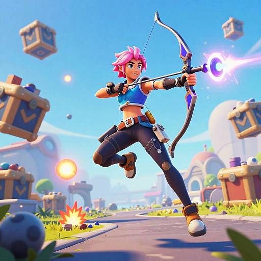 Digital art of a pink-haired, muscular female archer in blue top and black pants, drawing a glowing bow in a vibrant, blue-sky fantasy