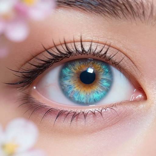 Close-up photograph of a vibrant blue eye with yellow iris center, long black eyelashes, and slightly blurred pink and white bokeh in the foreground.