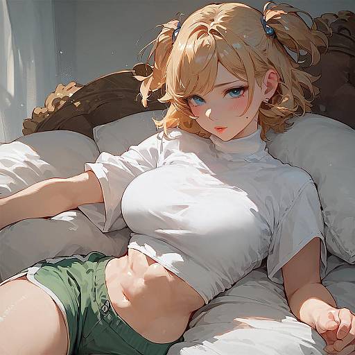 Digital anime-style drawing of a blonde woman with blue eyes, wearing a white crop top and green shorts, lying on a bed with white pillows in soft
