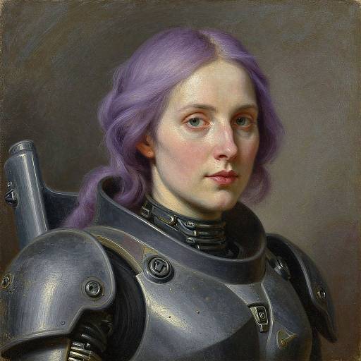 Digital painting of a fair-skinned woman with purple hair, wearing detailed medieval-style black armor, set against a plain dark background.