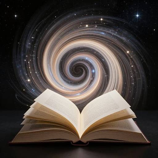 Photograph of an open book with glowing pages, set against a swirling galaxy background of stars and cosmic lights.