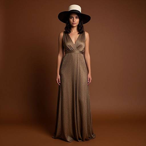 Photograph of a woman with medium skin tone, wearing a sleeveless, V-neck, gold sequin gown and a wide-brimmed white hat