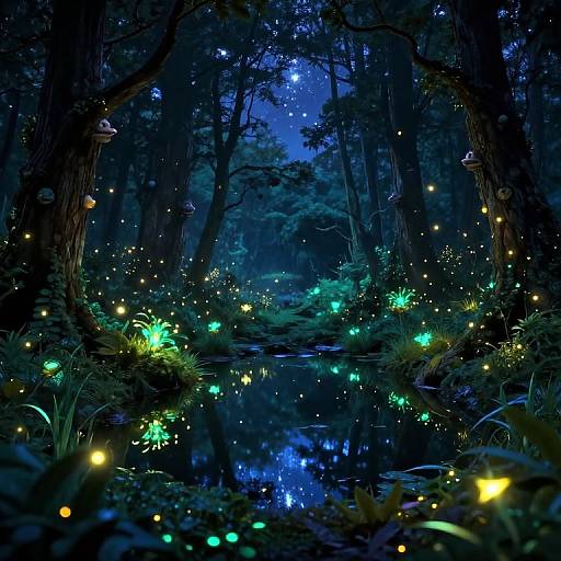 Mystical forest night scene: dark trees, glowing fireflies, bioluminescent plants, and a reflective blue water path under a starry