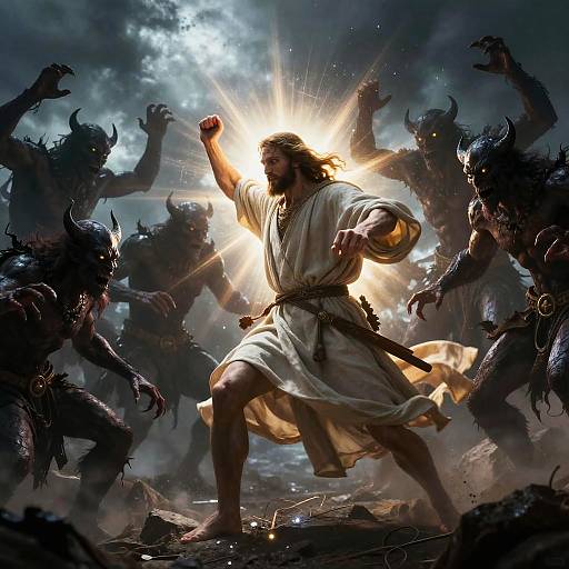 Photograph-style digital art: Jesus in white robe, fists raised, radiant sun behind, surrounded by dark, demonic, horned creatures in stormy