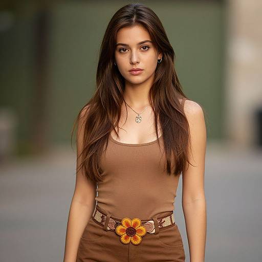 Photograph of a young woman with long brown hair, wearing a brown tank dress and orange flower belt, standing in an outdoor urban setting with a blurred