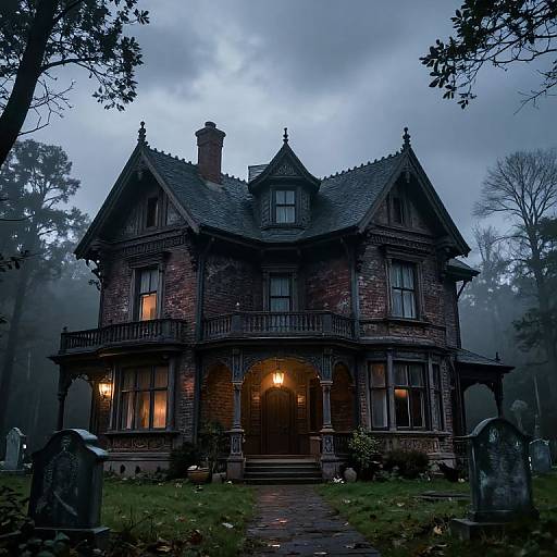 Photograph of a dark, eerie, Victorian-style haunted house with gothic architecture, illuminated windows, and a foggy, gloomy forest backdrop.