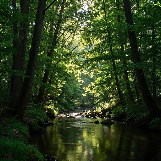 Photograph of a serene forest stream with tall, dense trees and bright green leaves, sunlight filtering through, reflecting on the water.