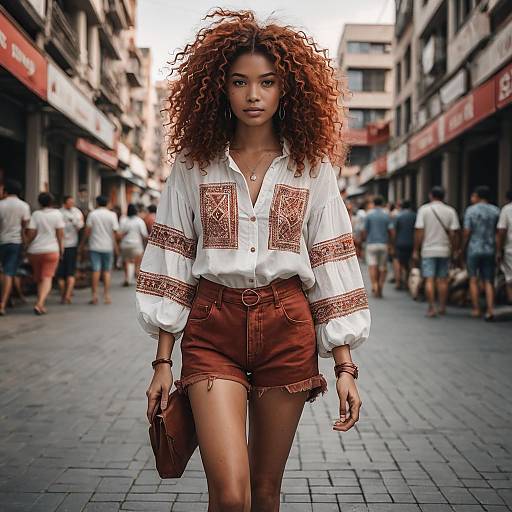 Fashionable Woman Walking in Bustling Marketplace