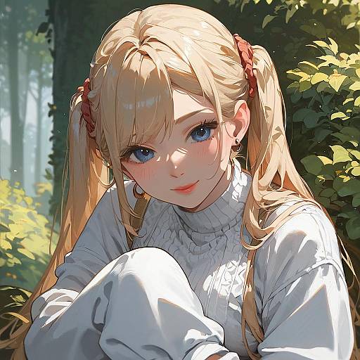Blonde Twintail Anime Beauty in Forest