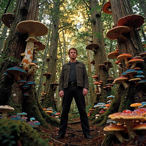 Photograph of a man in a forest, standing amid towering mushrooms with colorful caps, surrounded by tall redwood trees. He wears a dark jacket and