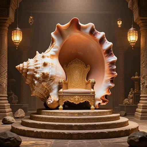 Photorealistic CGI: A large, fiery, shell throne with intricate golden details, flanked by hanging lanterns, in a dimly lit,
