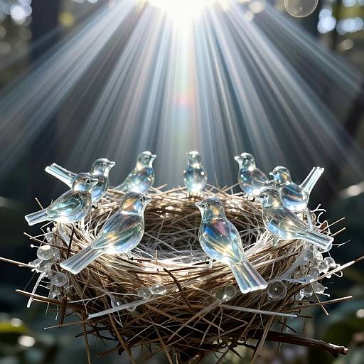 Photograph of glowing, glass-like birds in a nest, illuminated by radiant sunlight, creating a serene, ethereal, and luminous effect.