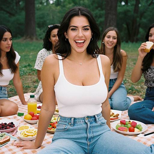 Photograph of a smiling, dark-haired woman in a white tank top and blue jeans, sitting at a picnic with four friends in a forest, surrounded