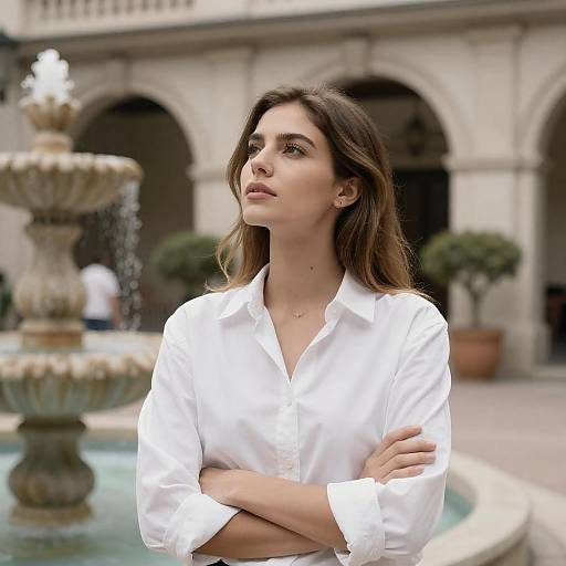 Thoughtful Woman in White Shirt by Fountain