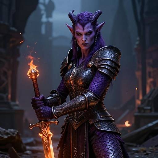 Digital fantasy artwork of a fierce, purple-skinned, horned female demon warrior with glowing eyes, holding a torch and sword, clad in detailed silver