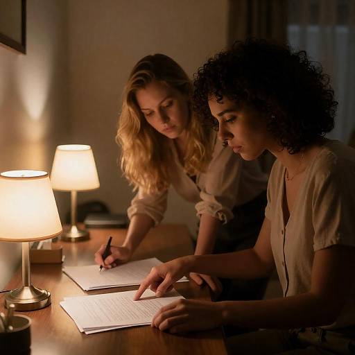 Two Women Reviewing Documents in Dimly Lit Room