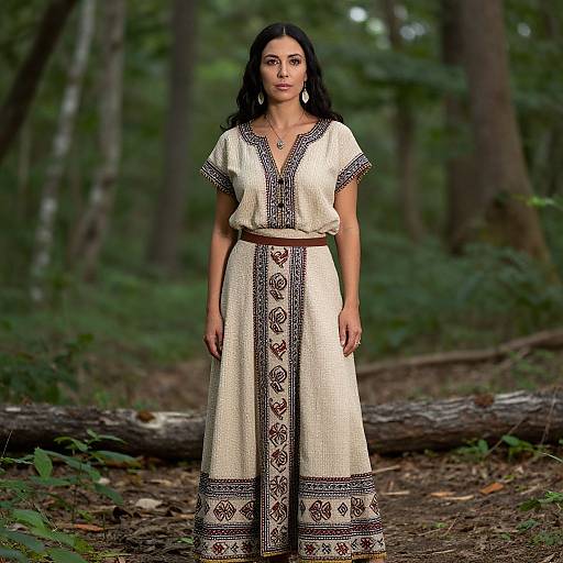 Photograph of a dark-haired woman in a cream, intricately embroidered medieval-style dress, standing in a dense, green forest.
