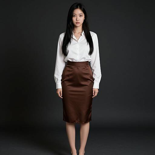Photograph of an Asian woman with long black hair, wearing a white blouse and brown leather skirt, standing against a dark background.
