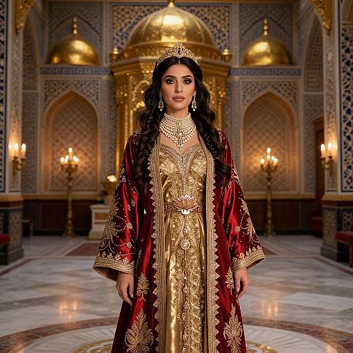 Photograph of a regal South Asian woman in an opulent, gold-embroidered red robe, standing in a lavish, ornately decorated