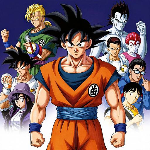 Digital artwork of Dragon Ball characters, featuring Goku in orange gi, surrounded by other iconic figures from the series, in dynamic poses. Vibrant colors,