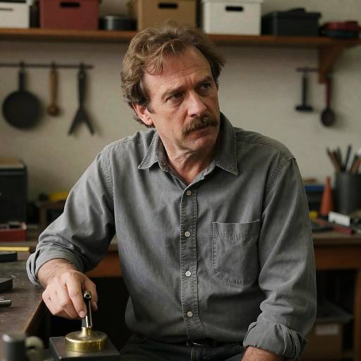 Man in Workshop with Brass Object