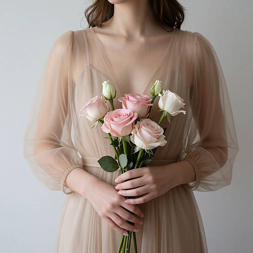 Photograph of a woman in a sheer, beige dress holding a bouquet of pink and white roses, her hands gently clasped in front. Soft,