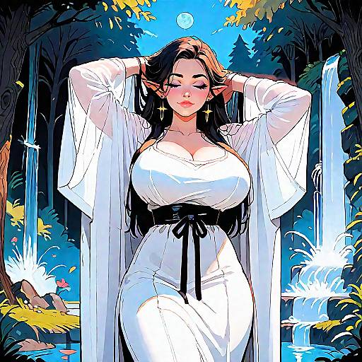 Elf Woman in White Dress by Moonlit Forest Waterfalls