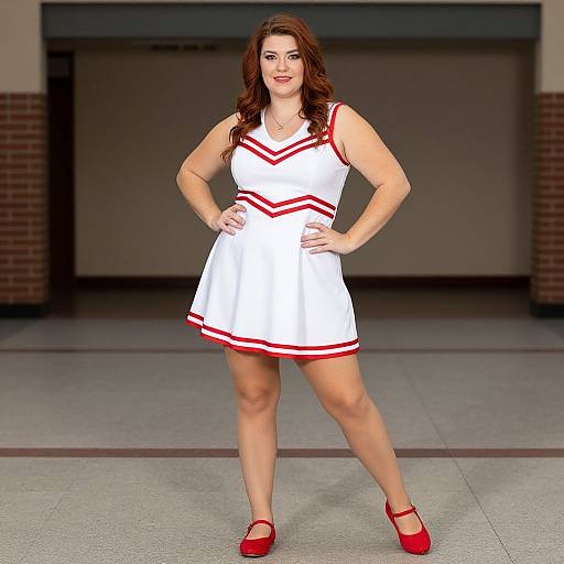 Photograph of a confident, curvy woman with long, wavy brown hair, wearing a white dress with red trim, red shoes, standing with