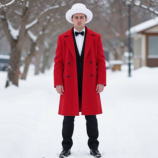 Photograph of a young man in a bright red long coat, white bow tie, black pants, black shoes, and a white winter hat standing in