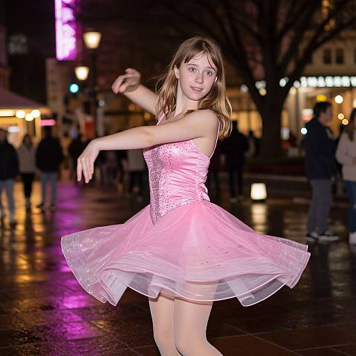Photograph of a young woman in a sparkling pink ball gown, mid-dance, on a rainy, neon-lit city street at night.
