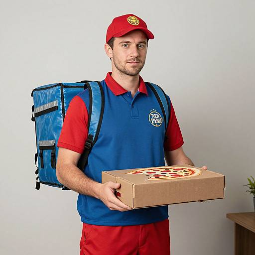 Photograph of a young male pizza delivery driver with red shirt and cap, blue vest, holding a pizza box, blue backpack on his back, standing