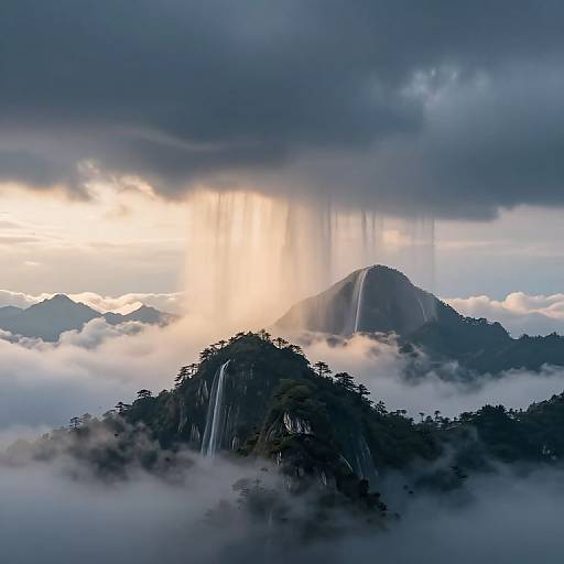 Photograph of a misty mountain landscape with sunlight breaking through dark clouds, casting rays over a forest-covered peak with visible waterfalls.