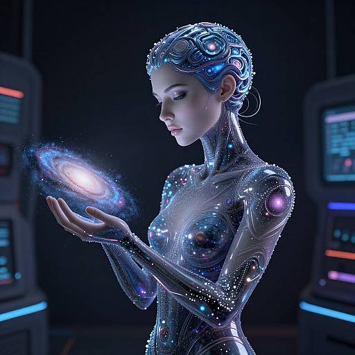 CGI image of a futuristic, cybernetic woman with glowing blue circuits, holding a holographic galaxy in her hands, set in a dark,