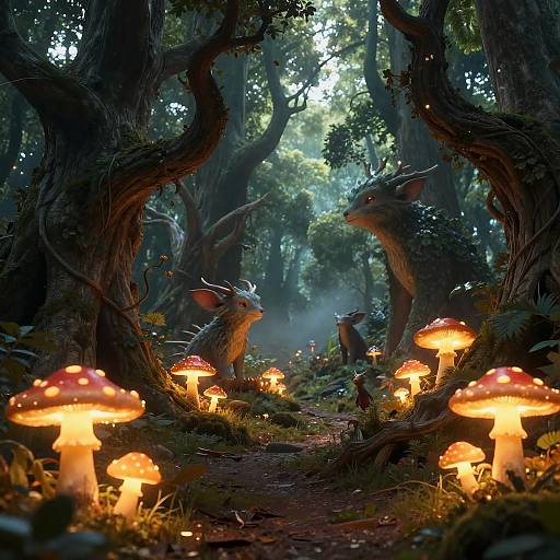 Fantastical forest scene: two luminescent, horned creatures face each other among glowing orange mushrooms, surrounded by towering, twisted trees under a