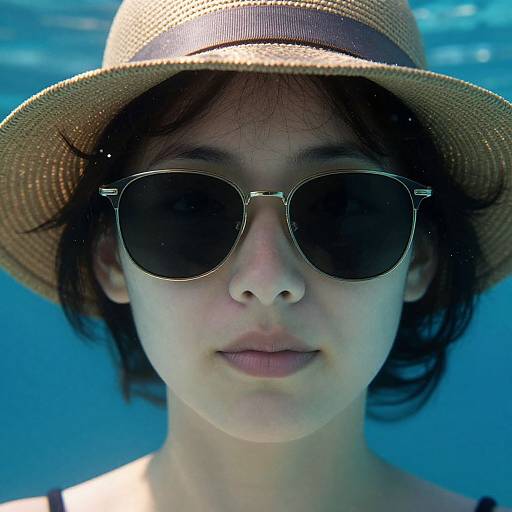 Close-up photograph of a young woman with fair skin, dark brown hair, wearing a straw hat and round, dark sunglasses, against a blue water background