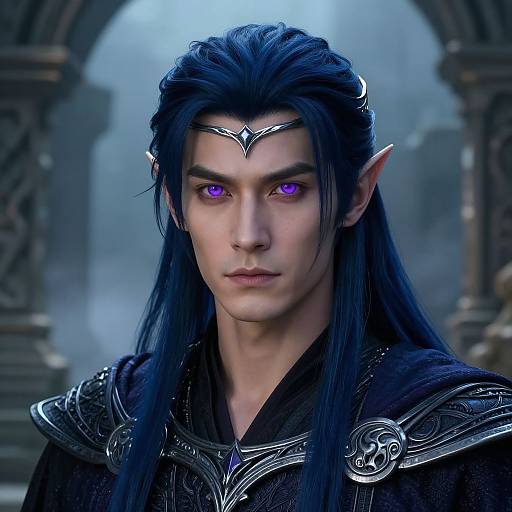 Digital artwork of a handsome, elf-like man with long black hair, purple eyes, pointed ears, and ornate silver armor, standing in a mist