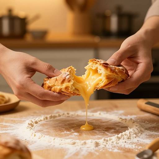 Photograph of hands breaking a flaky pastry, with golden syrup dripping onto a flour-covered wooden countertop in a warm, softly lit kitchen.